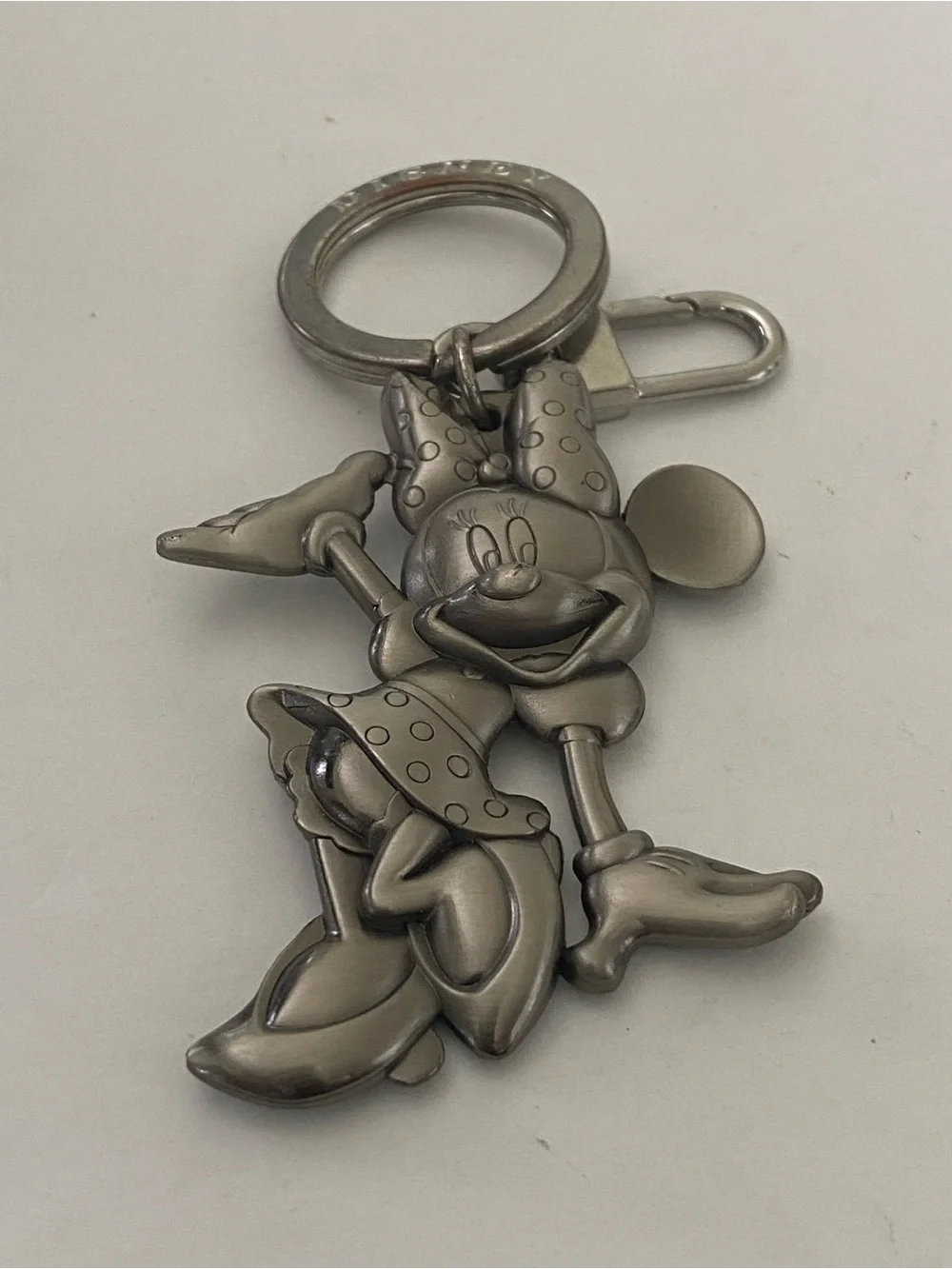 Vintage Disney Minnie Mouse Posing Charm Silver Pewter Metal Keychain Key Fob